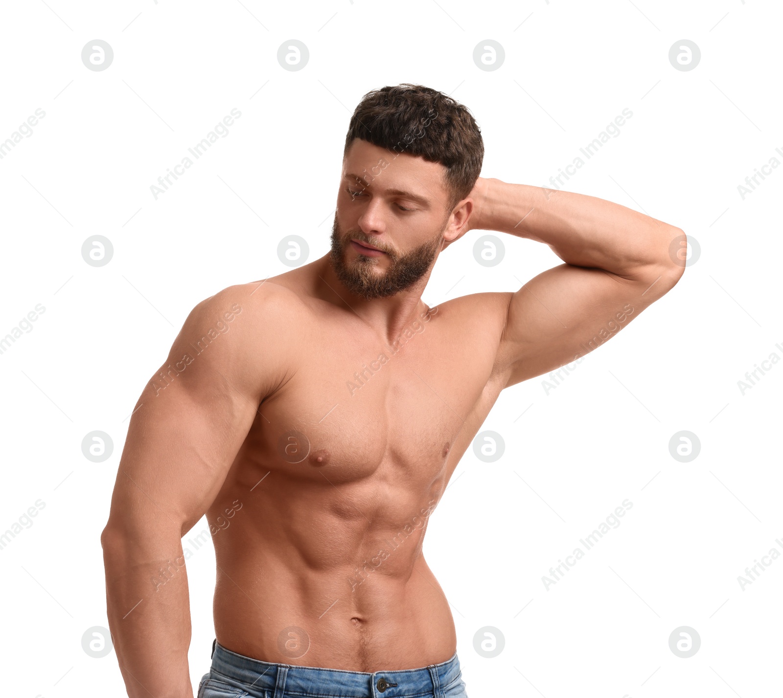 Photo of Handsome muscular man isolated on white. Sexy body