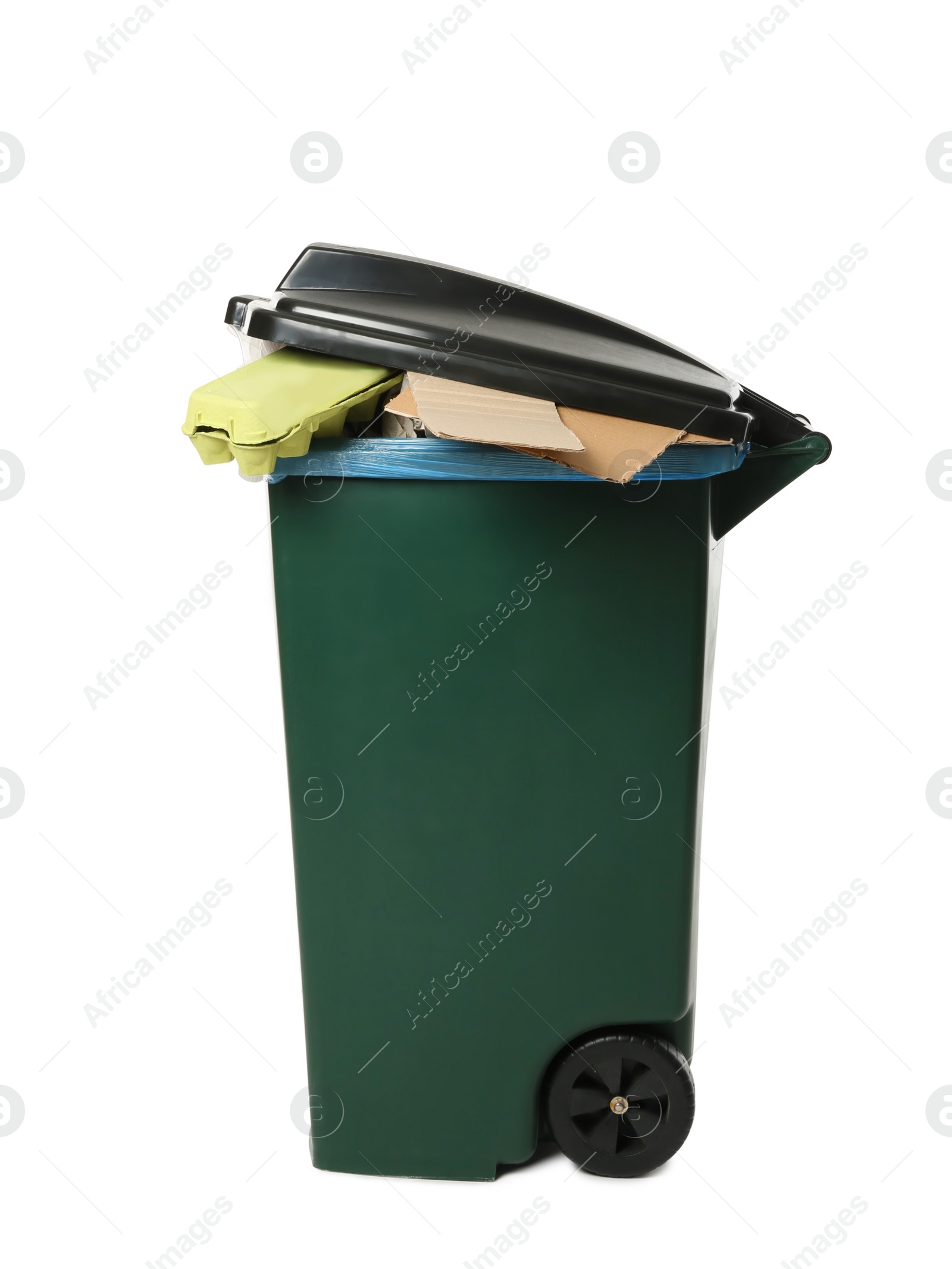 Photo of Trash bin with garbage on white background. Waste recycling