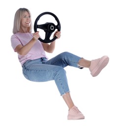 Photo of Happy woman with steering wheel on white background