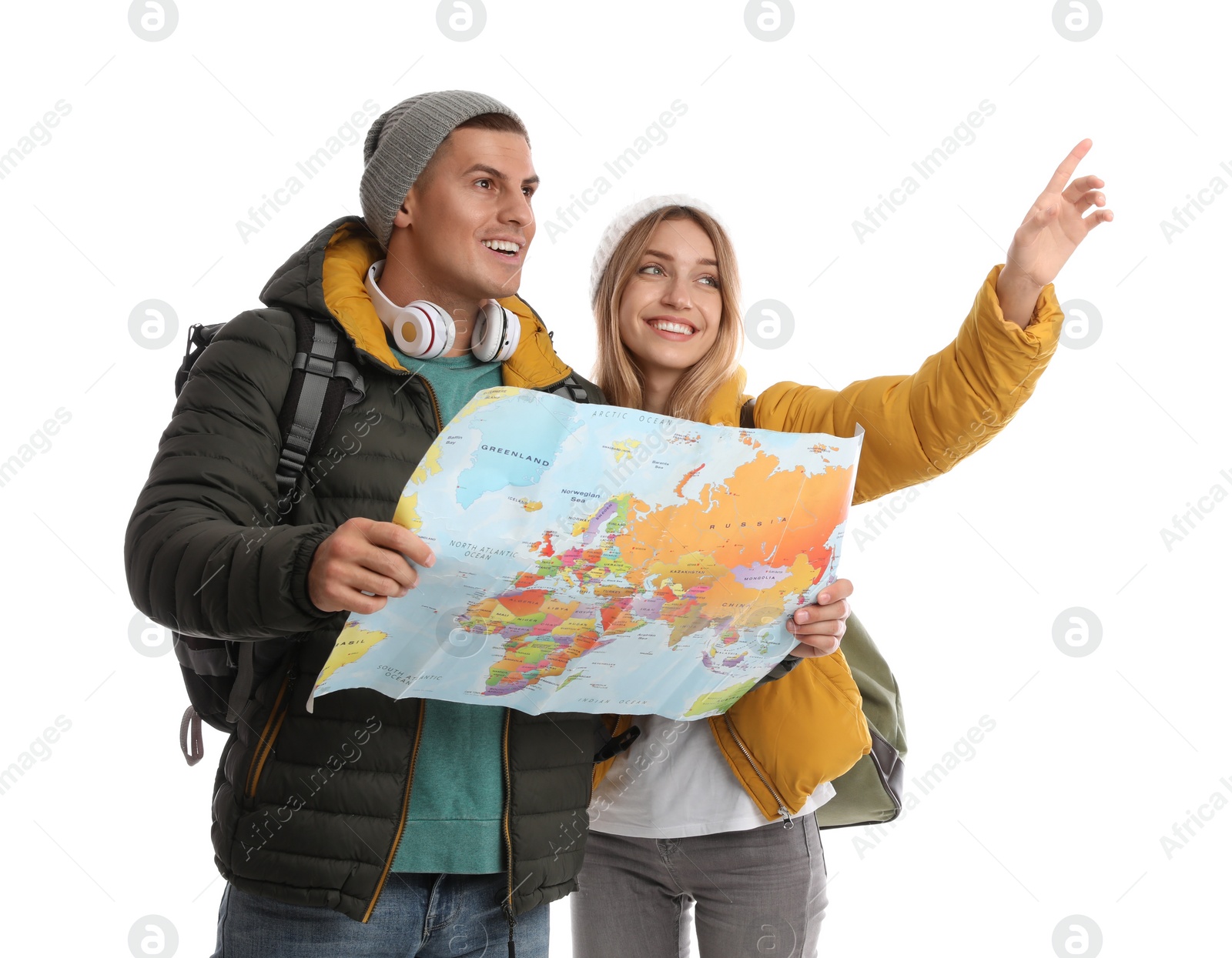 Photo of Couple with map on white background. Winter travel