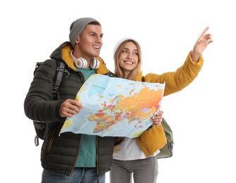 Couple with map on white background. Winter travel