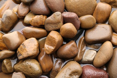 Photo of Beautiful pebbles in water as background, top view