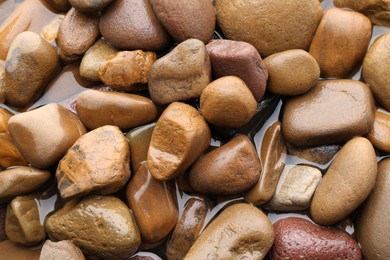 Beautiful pebbles in water as background, top view