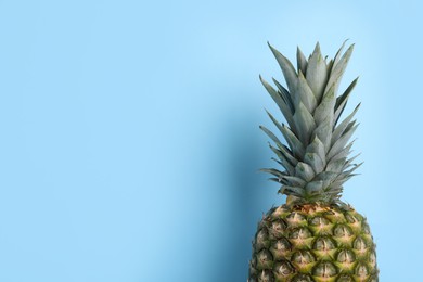 Whole ripe pineapple on light blue background, closeup with space for text