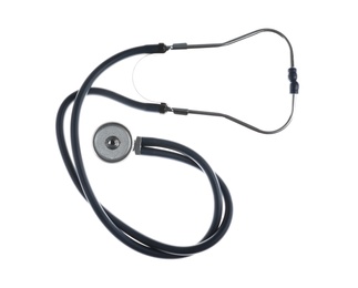 Photo of Stethoscope on white background, top view. Medical device