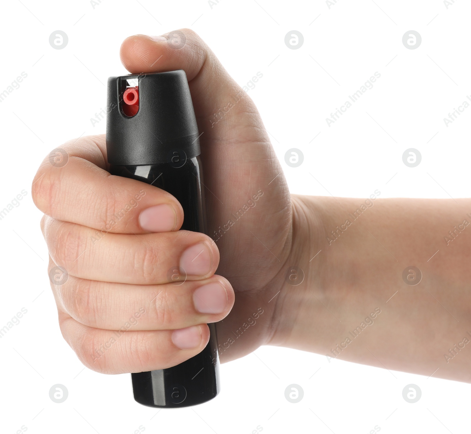 Photo of Man holding pepper spray on white background, closeup