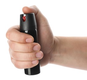 Man holding pepper spray on white background, closeup