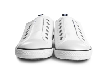 Photo of Pair of stylish sneakers on white background