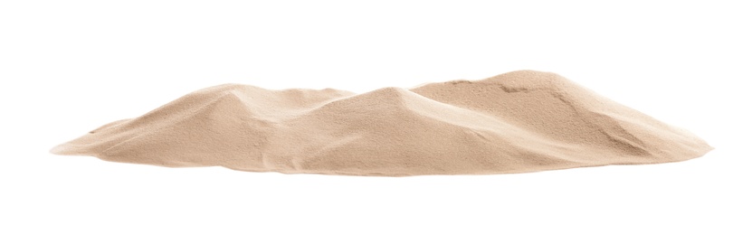 Photo of Pile of dry beach sand on white background