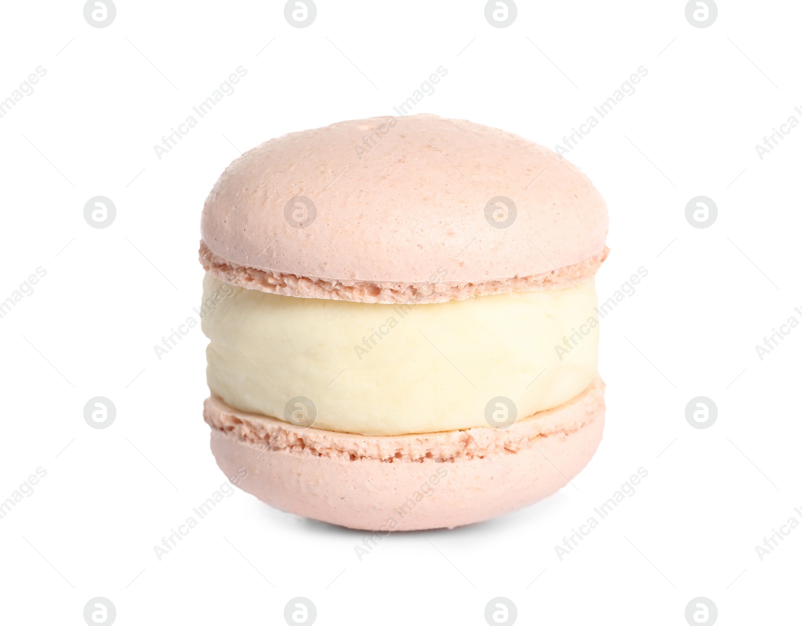 Photo of Pink macaron on white background. Delicious dessert