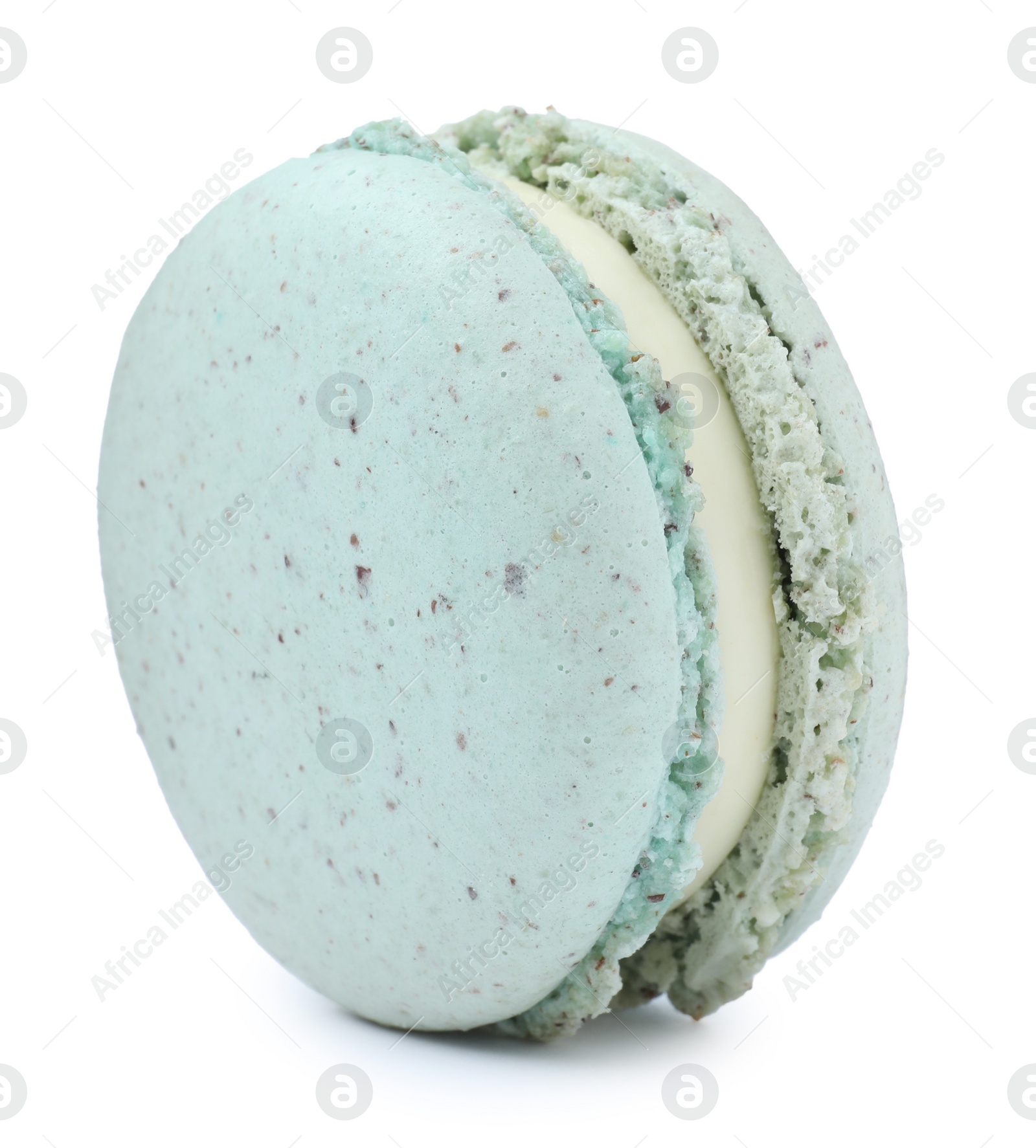 Photo of Light blue macaron isolated on white. Delicious dessert