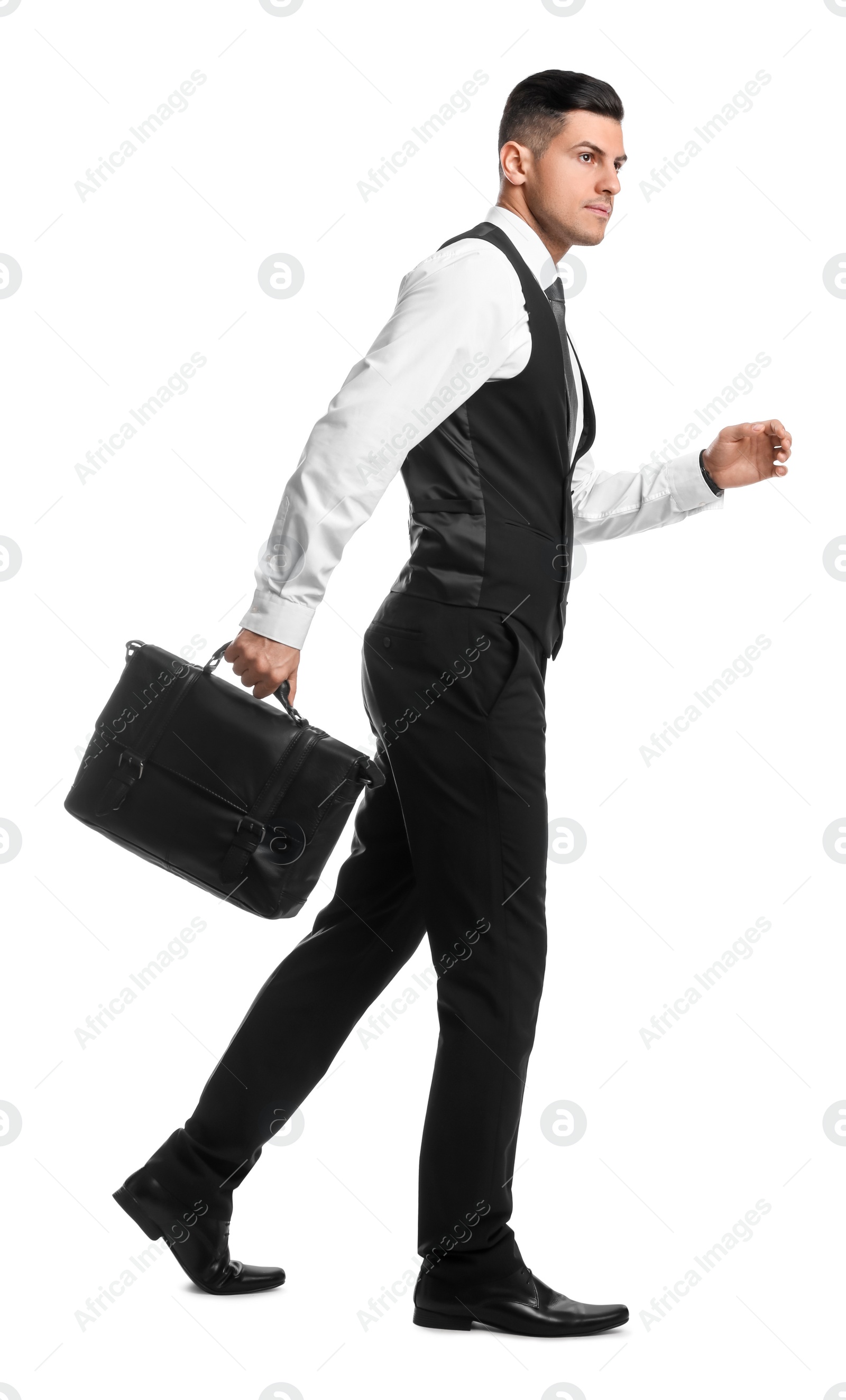 Photo of Businessman with stylish leather briefcase on white background