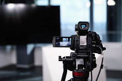 Modern video recording studio, focus on camera