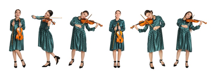 Image of Collage with photos of beautiful woman playing violin on white background