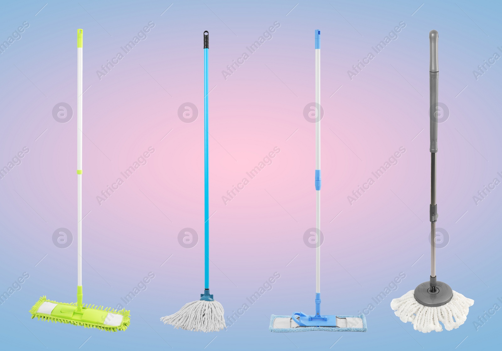 Image of Set of different mops on color background