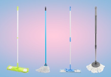 Set of different mops on color background