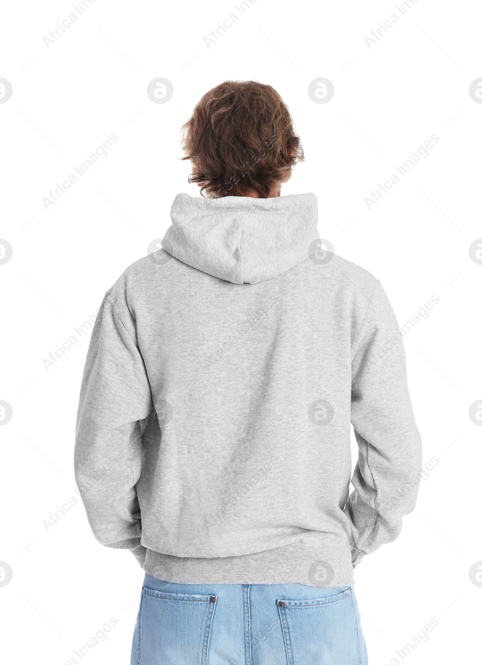 Photo of Man in hoodie sweater on white background. Space for design