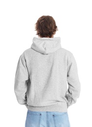 Man in hoodie sweater on white background. Space for design