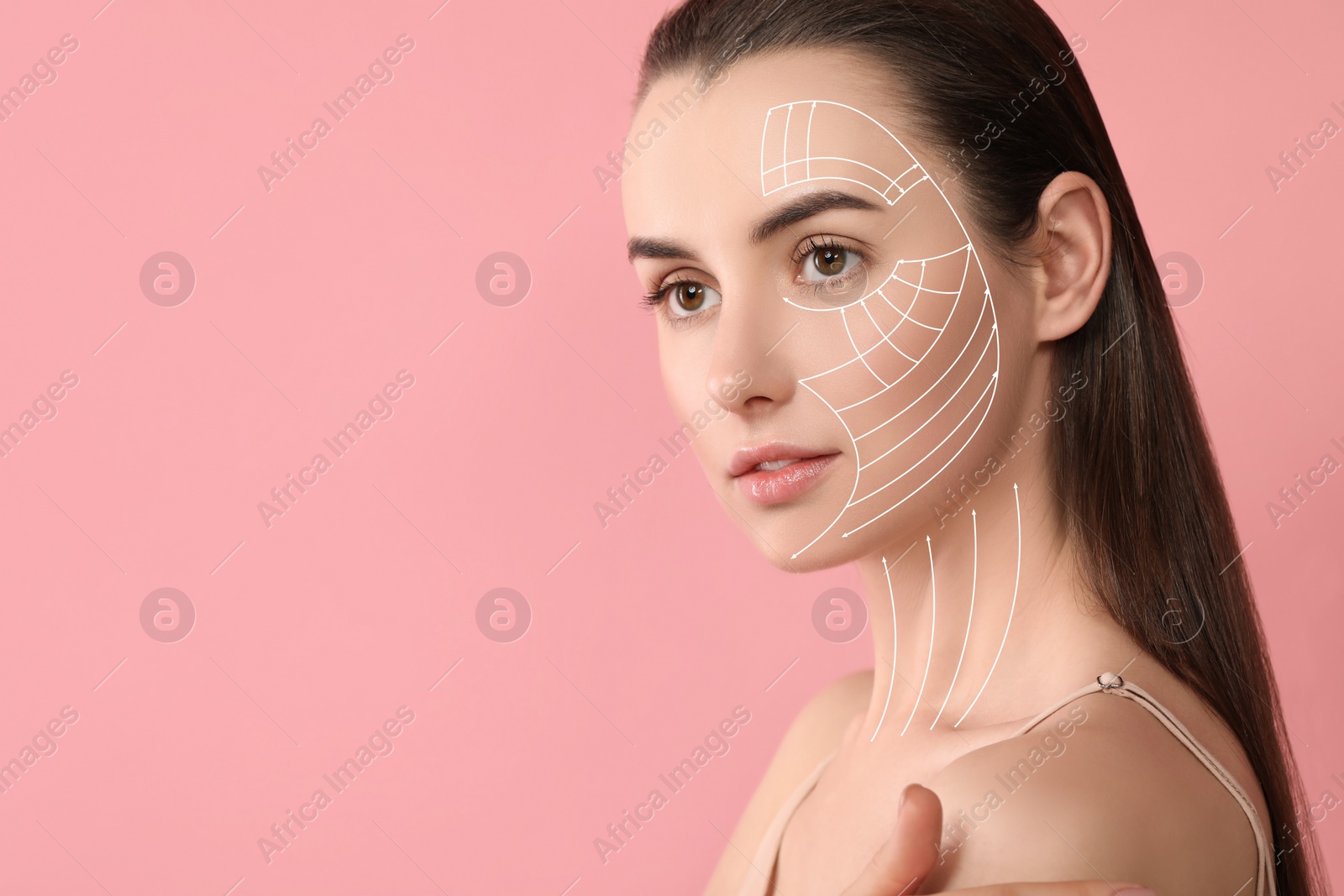 Image of Attractive woman with perfect skin after cosmetic treatment on pink background, space for text. Lifting arrows on her face