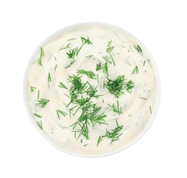 Tasty creamy dill sauce in bowl isolated on white, top view