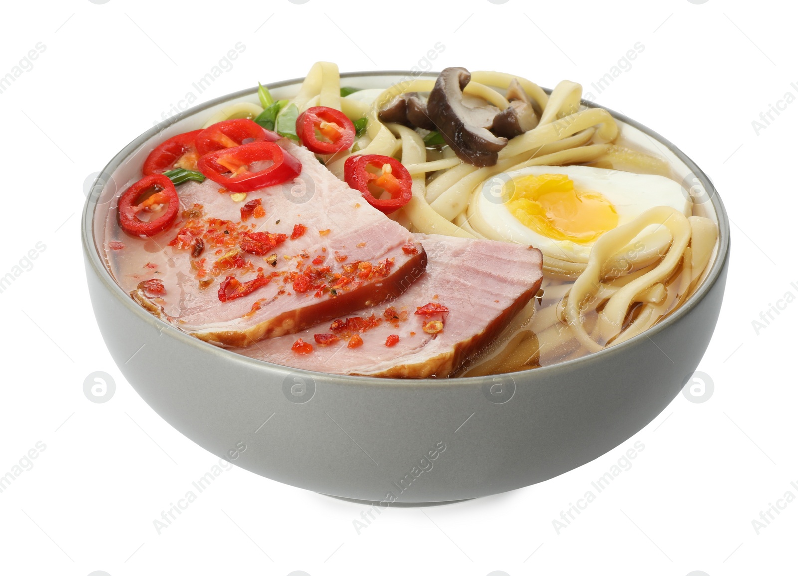 Photo of Delicious ramen in bowl isolated on white. Noodle soup