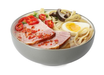 Delicious ramen in bowl isolated on white. Noodle soup