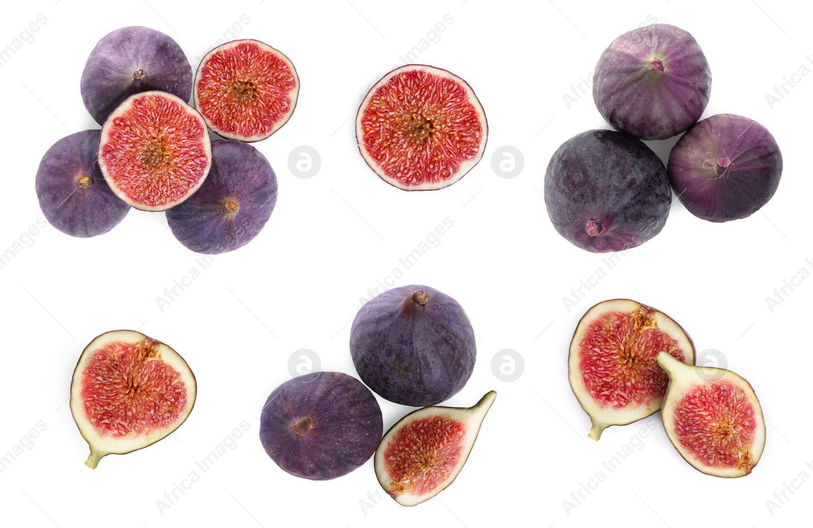 Image of Set with tasty ripe whole and cut figs on white background, top view