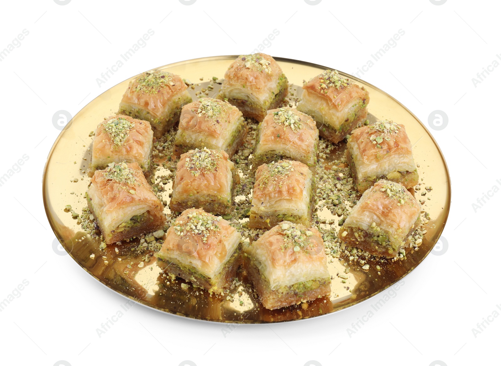 Photo of Delicious fresh baklava with chopped nuts isolated on white. Eastern sweets