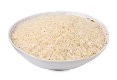 Photo of Raw rice in bowl isolated on white