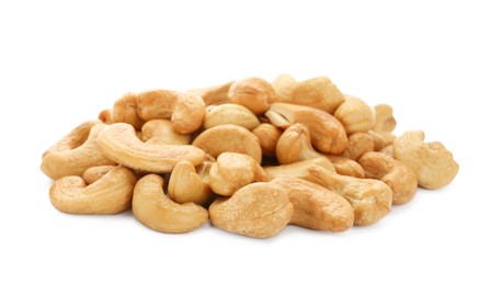 Pile of tasty organic cashew nuts isolated on white