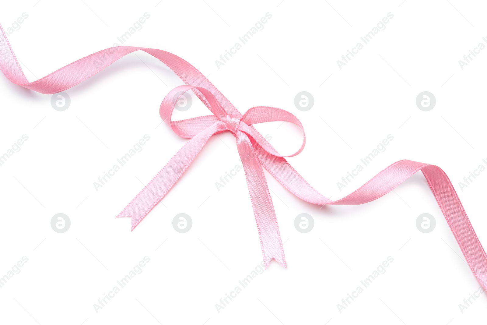 Photo of Pink satin ribbon with bow isolated on white, top view