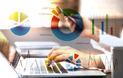Image of Finance trading concept. Woman working with laptop in office and charts, closeup