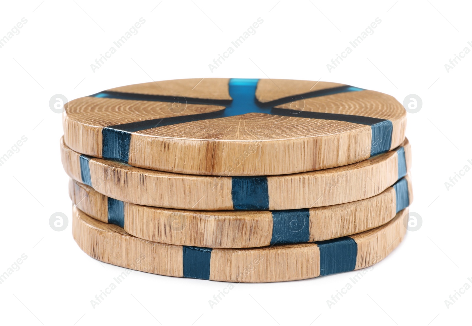 Photo of Stack of wooden cup coasters on white background