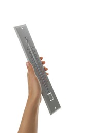 Photo of Woman holding weather thermometer on white background, closeup