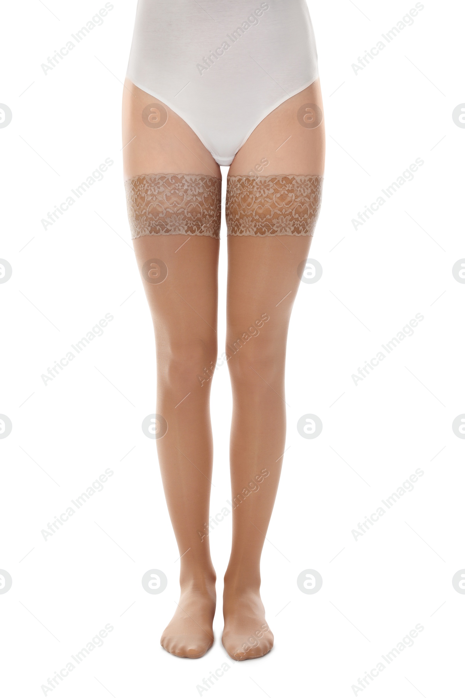 Photo of Woman wearing compression stockings isolated on white, closeup