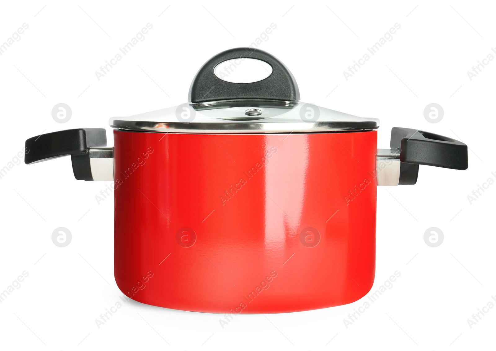 Photo of New red cooking pot isolated on white. Kitchen utensil