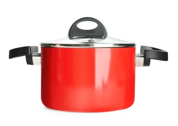 Photo of New red cooking pot isolated on white. Kitchen utensil