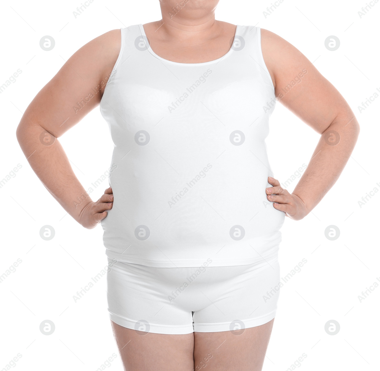 Photo of Overweight woman on white background, closeup. Weight loss