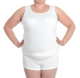 Overweight woman on white background, closeup. Weight loss