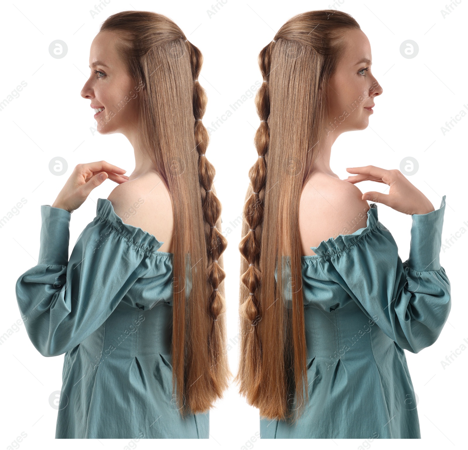 Image of Portrait of twin sisters on white background