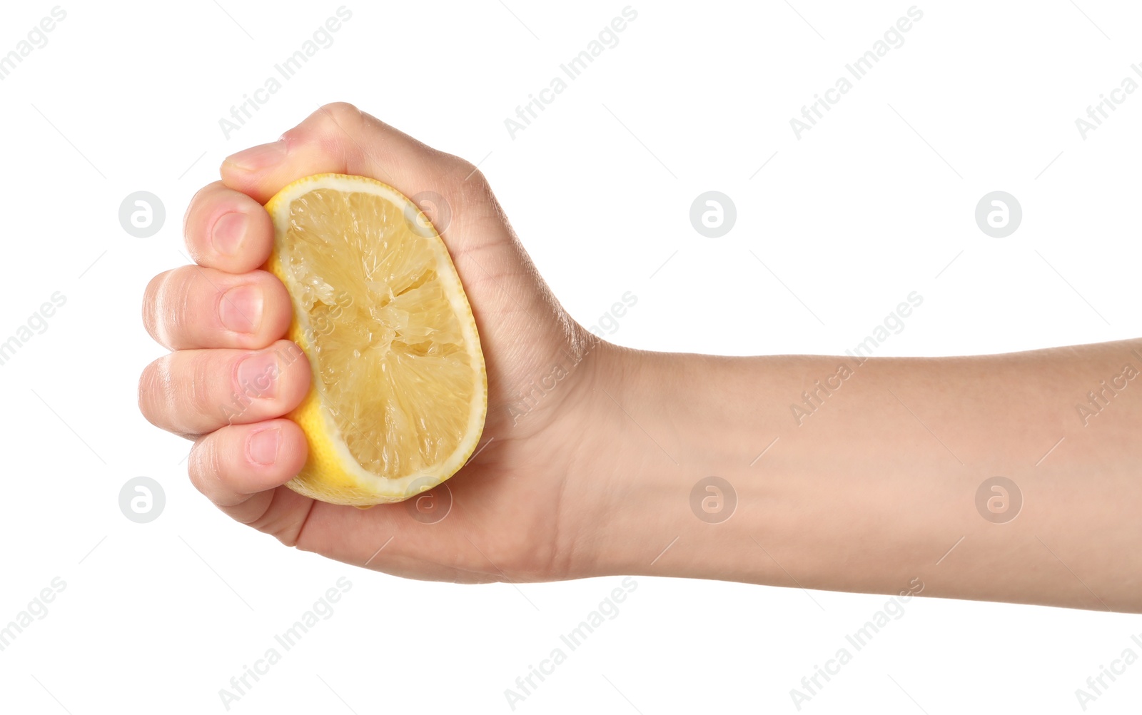 Photo of Woman squeezing lemon half on white background, closeup