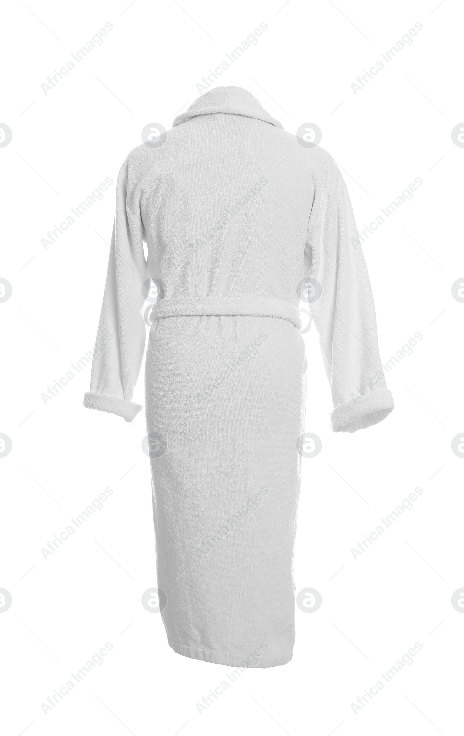 Photo of Soft comfortable bathrobe on mannequin against white background