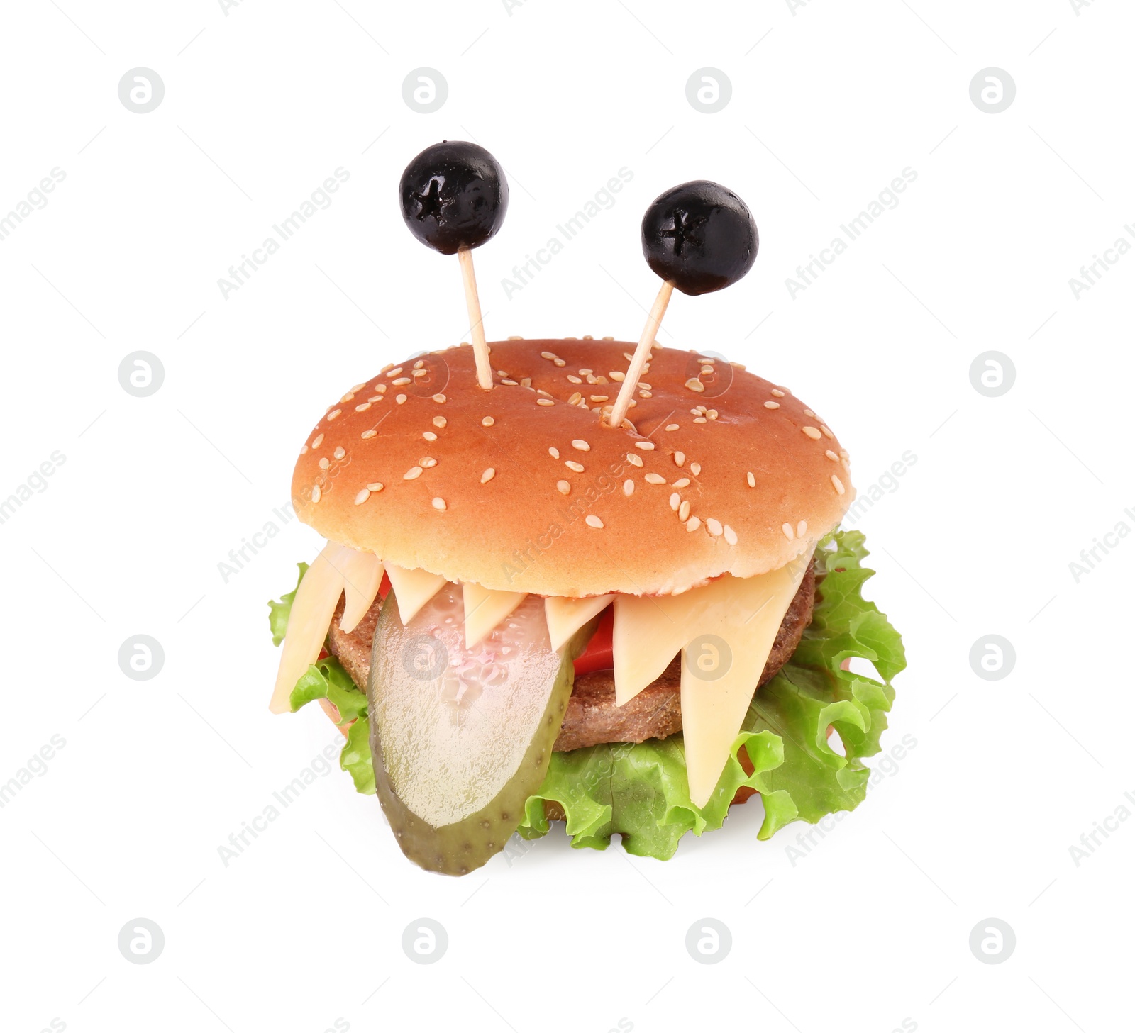 Photo of Cute monster burger isolated on white. Halloween party food