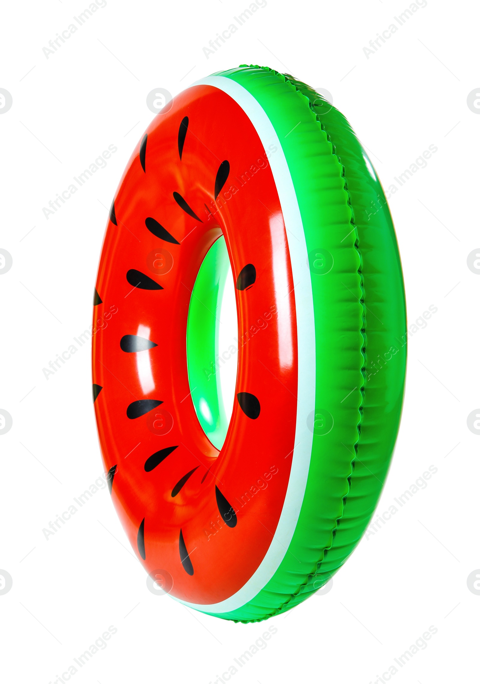 Photo of Bright inflatable ring on white background. Summer holidays