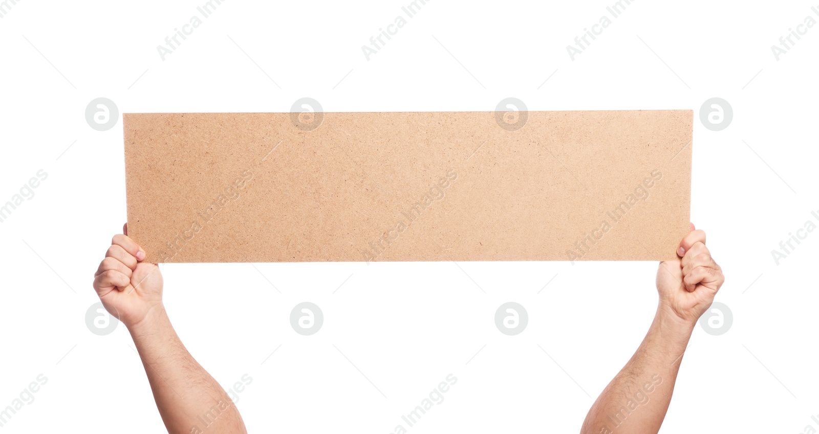 Photo of Man holding blank cardboard banner on white background, closeup. Space for text