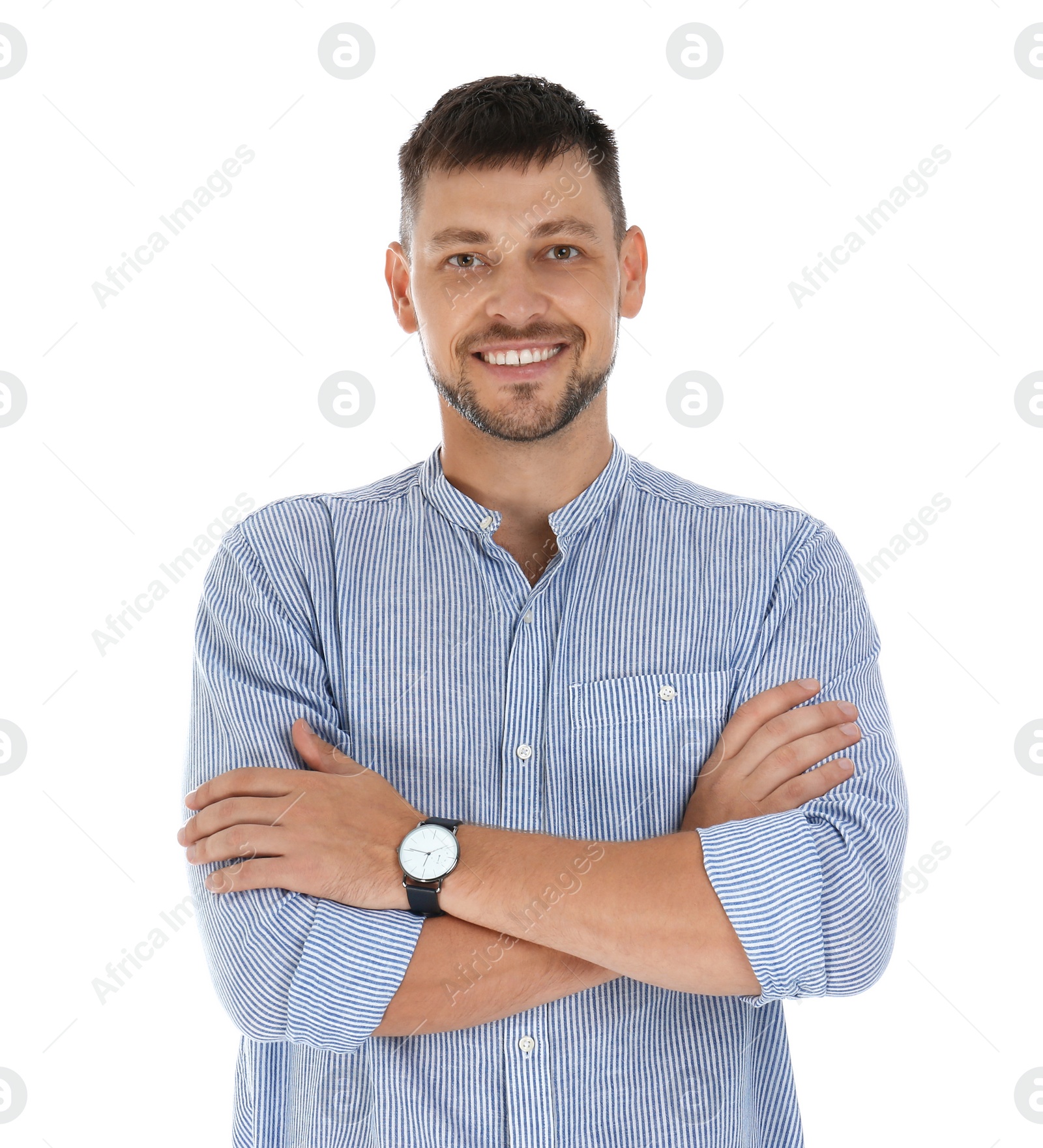 Photo of Professional business trainer posing on white background