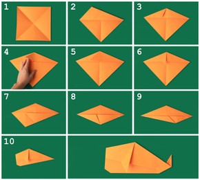 Image of Origami art. Making orange paper whale step by step, photo collage on green background