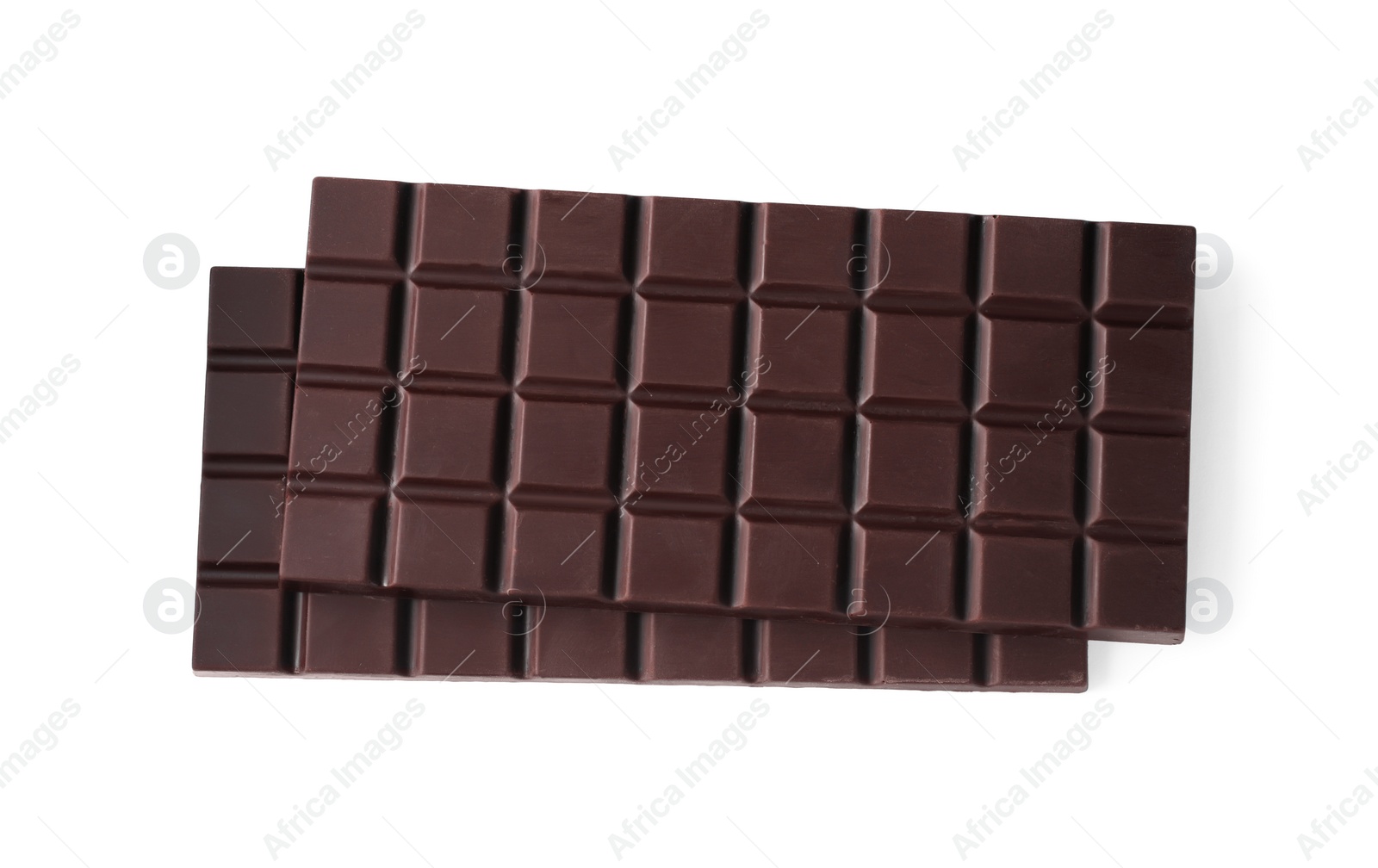 Photo of Delicious dark chocolate bars isolated on white, top view