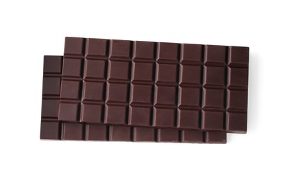 Delicious dark chocolate bars isolated on white, top view