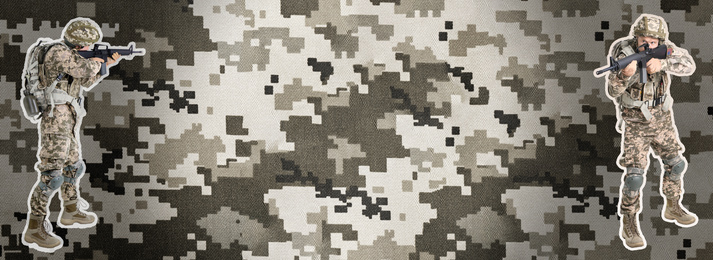 Image of Banner design with man in military uniform and digital camouflage pattern on background, space for text 